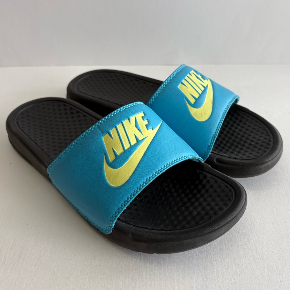Nike Women's Benassi JDI Slides Size 7 Blue Fury Limelight Athleisure Sandals